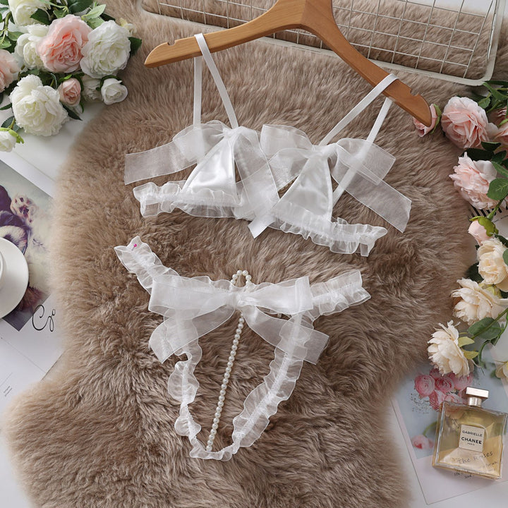 Erotic Lingerie Mesh Lace Trim Pearl Accents & Bow Details Lingerie Set with Stockings