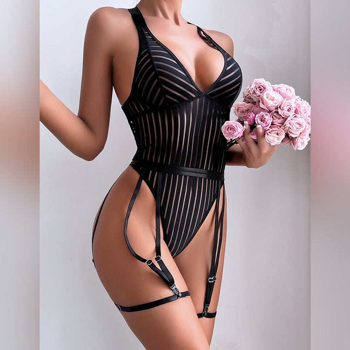 Sexy Sheer Striped Mesh Garter Bodysuit Lingerie Set