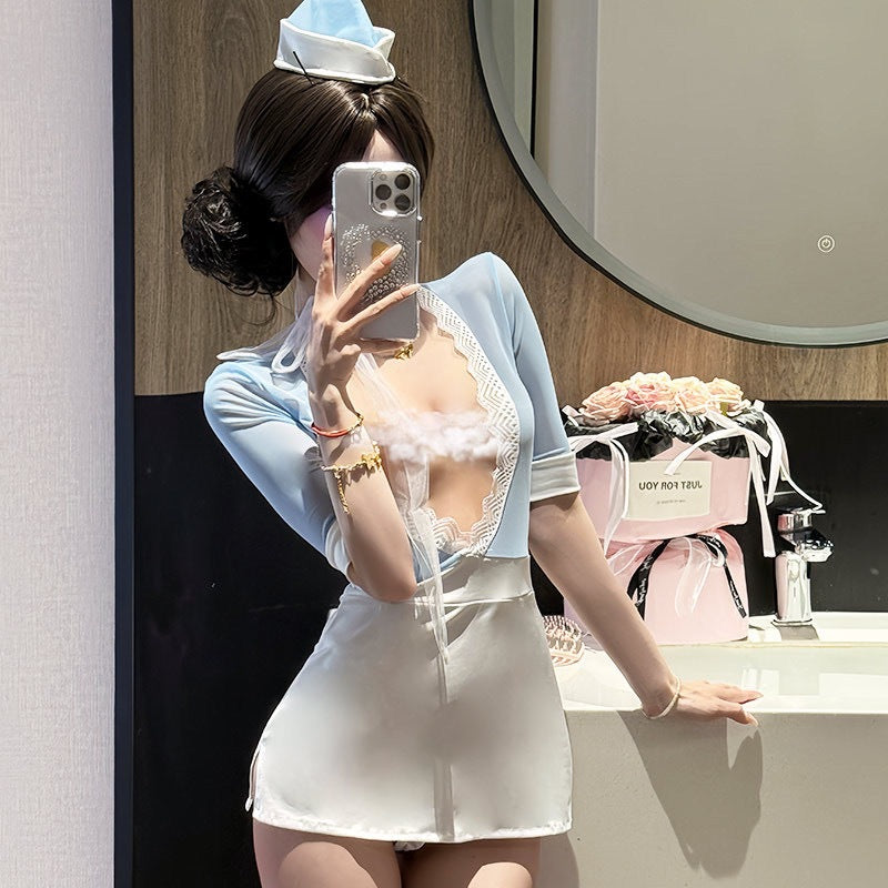 Sweet Flight Attendant Uniform Bodycon Sexy Seductive Mini Skirt Lingerie Set