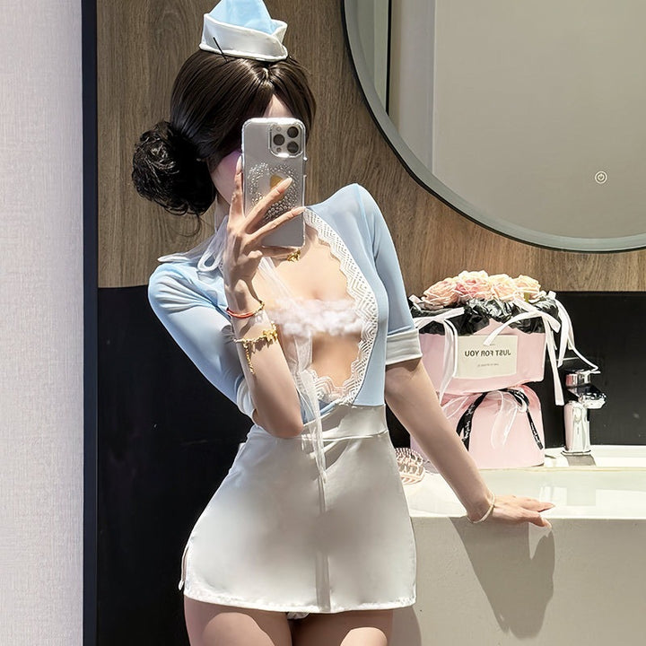 Sweet Flight Attendant Uniform Bodycon Sexy Seductive Mini Skirt Lingerie Set