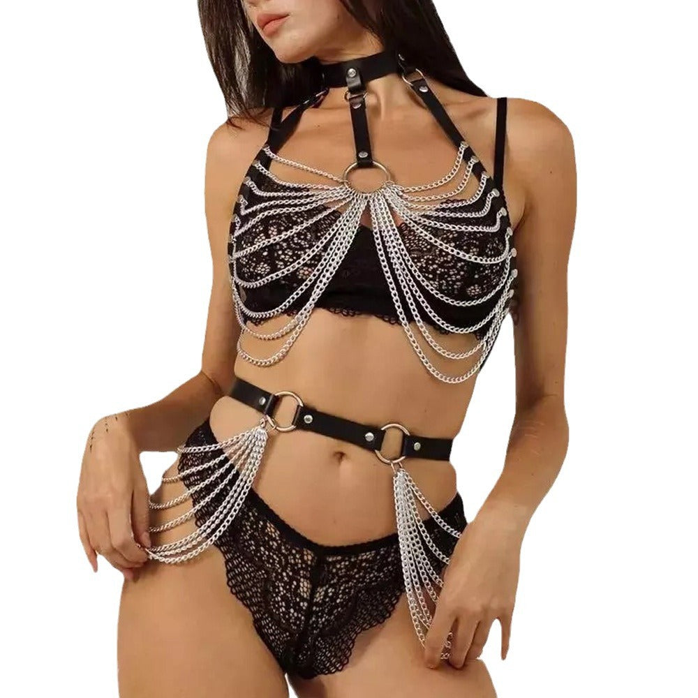 Sexy Adult Toy Leather Metal Chain Erotic Bondage Lingerie Set