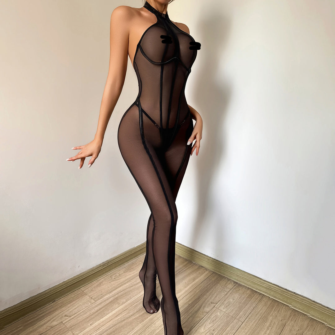 Slimming Vertical Stripe Sheer Black Mesh Shaping Sexy Halter Bodysuit