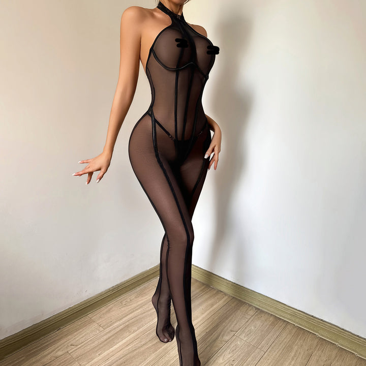Slimming Vertical Stripe Sheer Black Mesh Shaping Sexy Halter Bodysuit