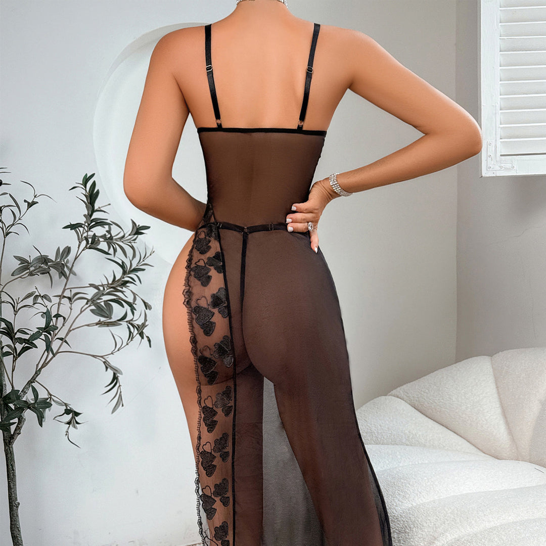 Sexy Embroidery High Slit Mesh Sheer Easy-Access Flirting Erotic Lingerie Set