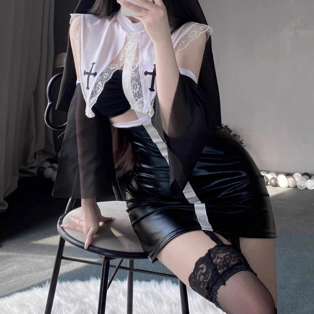 Erotic Lingerie Nun Costume Role Play Slim Fit Patent Leather Hip-Hugging Skirt Set