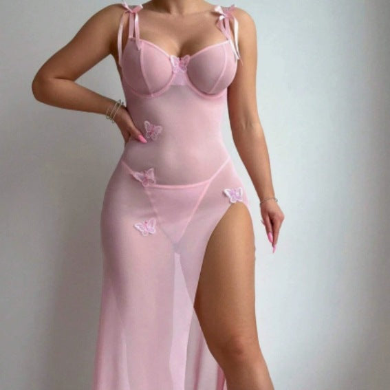 Sexy Mesh Butterfly Backless High-Slit Spaghetti Strap Dress Set