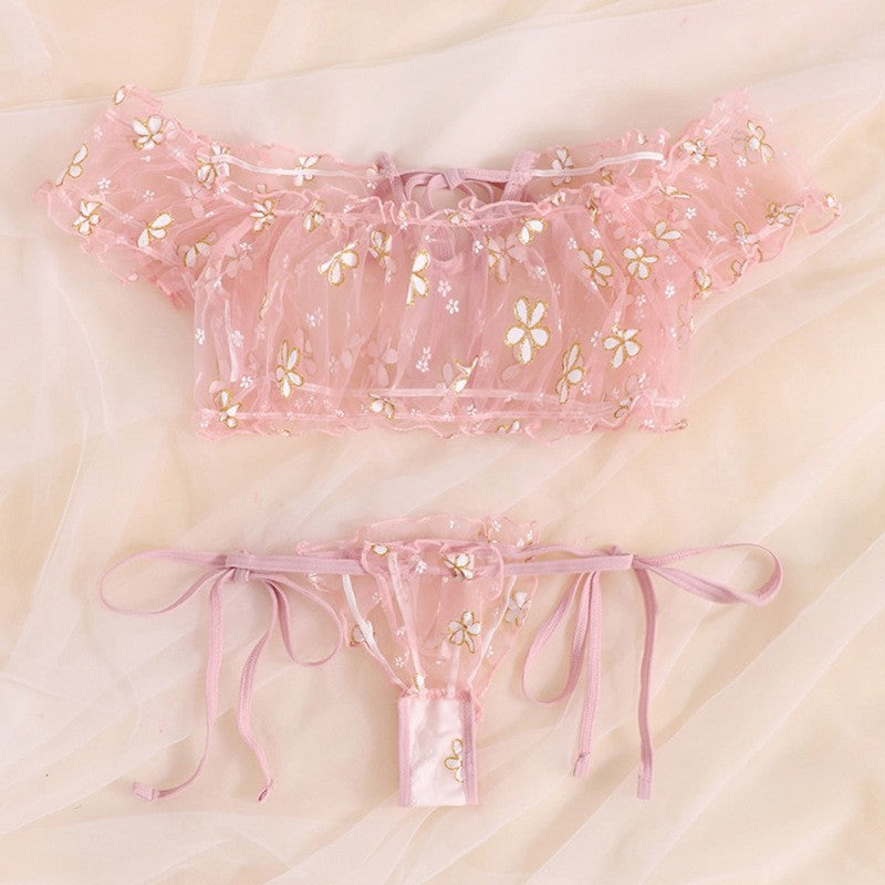 Floral Off-Shoulder Sheer Mesh Sexy Lingerie Set