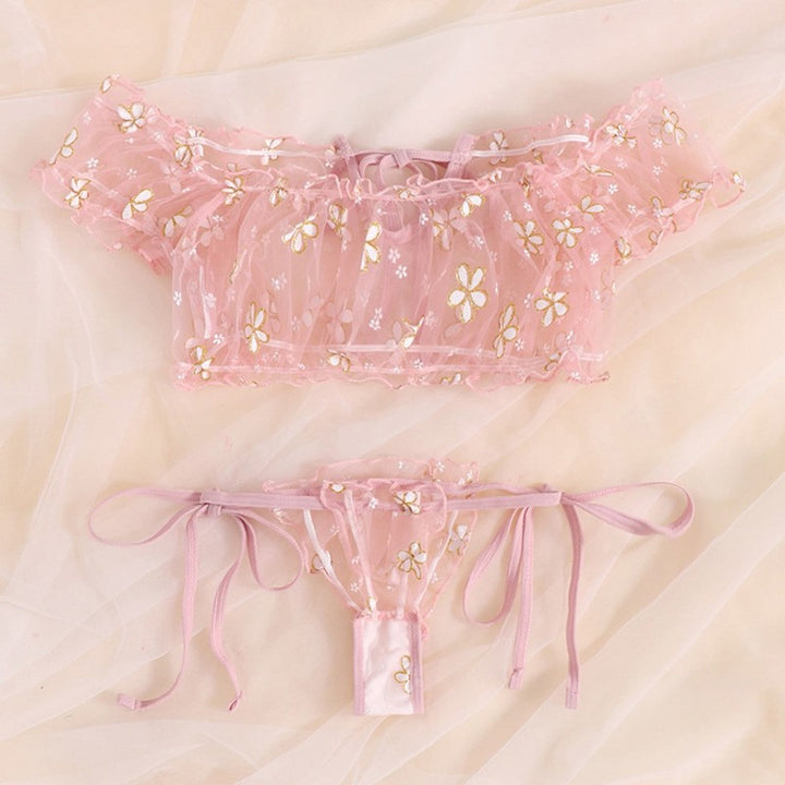 Floral Off-Shoulder Sheer Mesh Sexy Lingerie Set