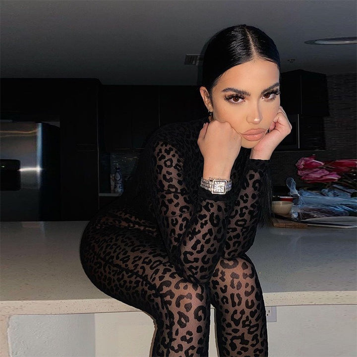 Sexy Hot Girl Leopard Print Sheer Bodycon Long Sleeve Bodysuit