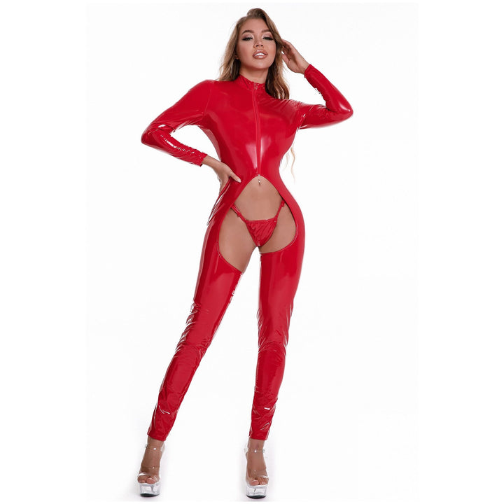 Open-Crotch Erotic Lingerie Patent Leather Glossy Tight-Fit Bodysuit Sexy Uniform