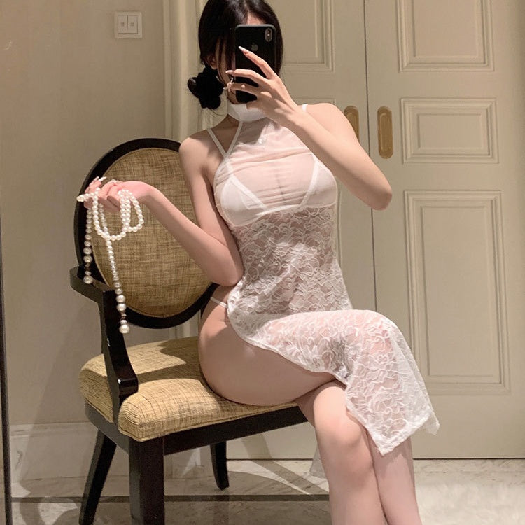 Erotic Lingerie Sexy Slim-Fit High-Waist Slit Lace Temptation Sheer Mesh Dress