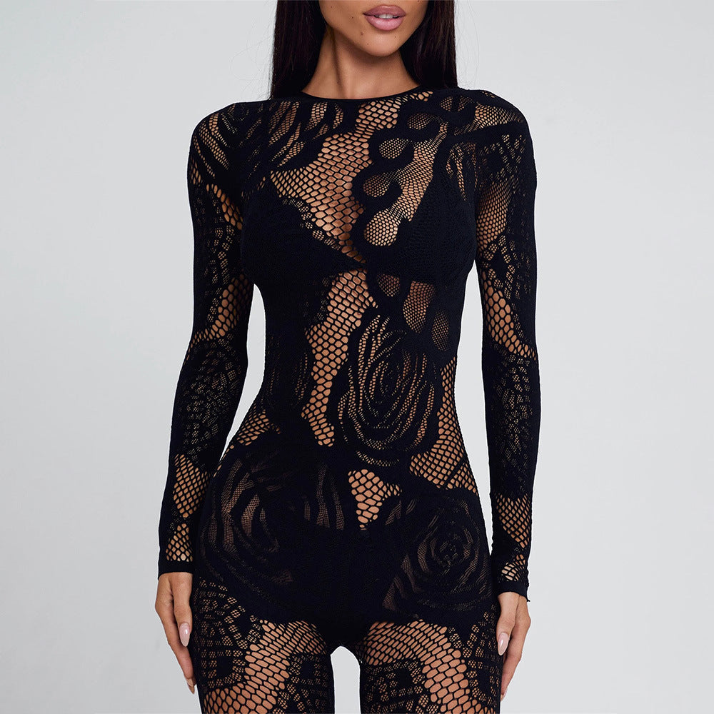 One-Piece Jacquard Mesh Lace Sheer Slim-Fit Cut-Out Bodysuit
