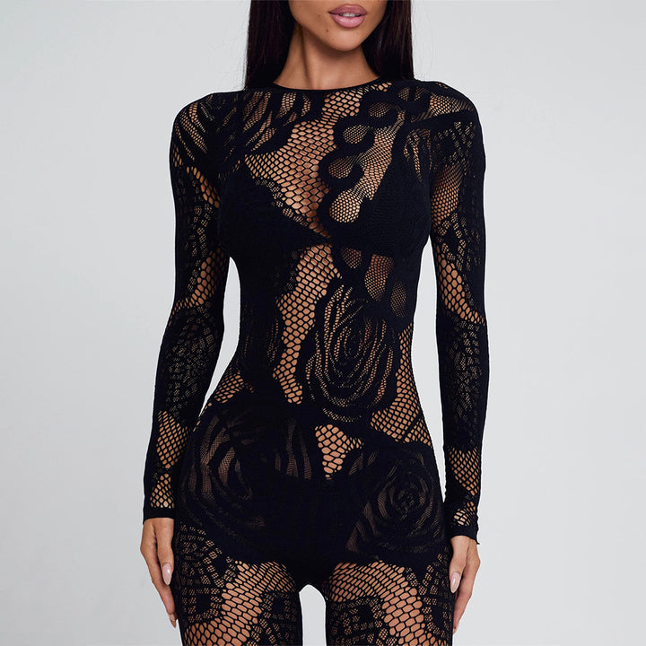 One-Piece Jacquard Mesh Lace Sheer Slim-Fit Cut-Out Bodysuit