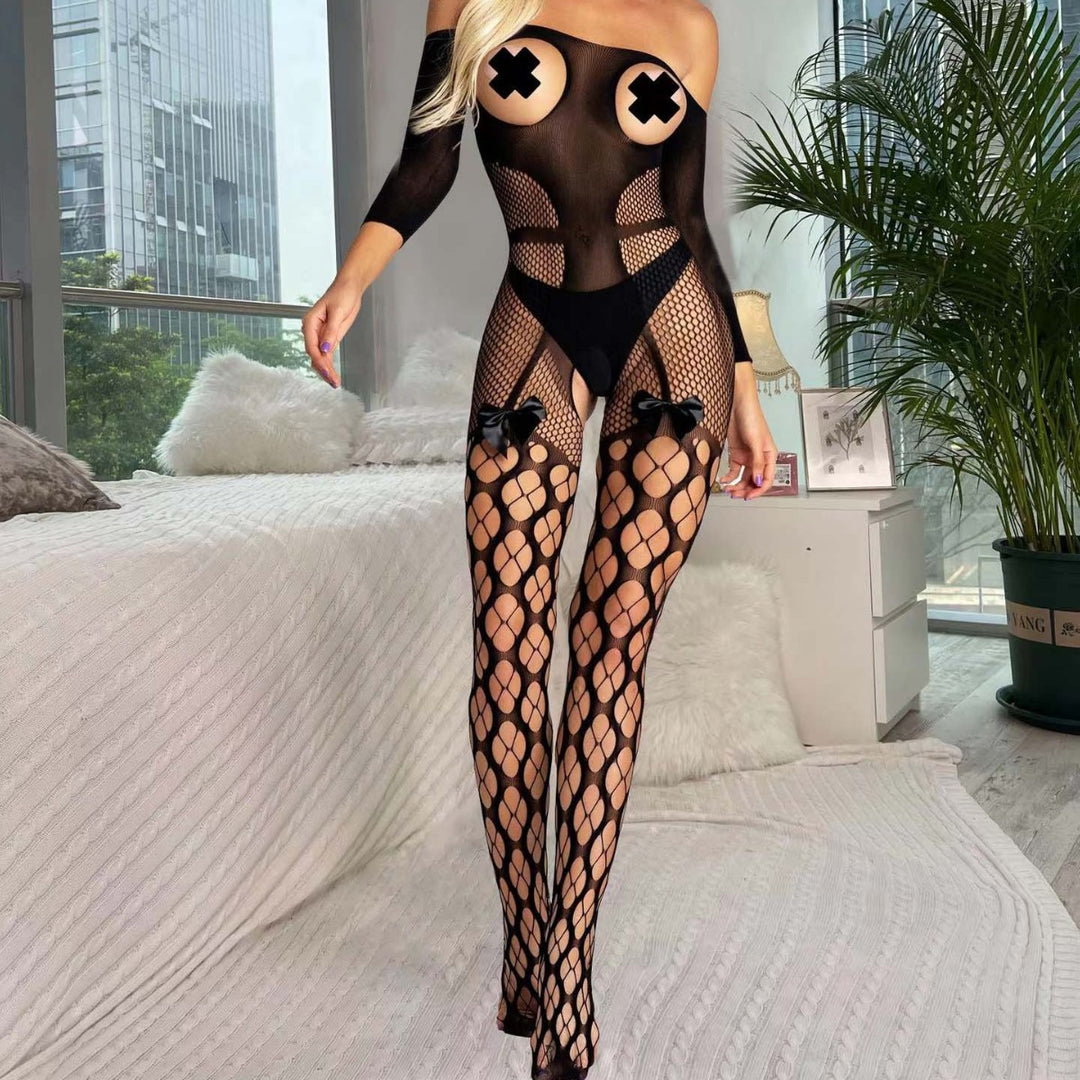 Sexy Bow Open-Bust Open-Crotch Erotic Lingerie Hot Passion Temptation Sheer Mesh Bodysuit