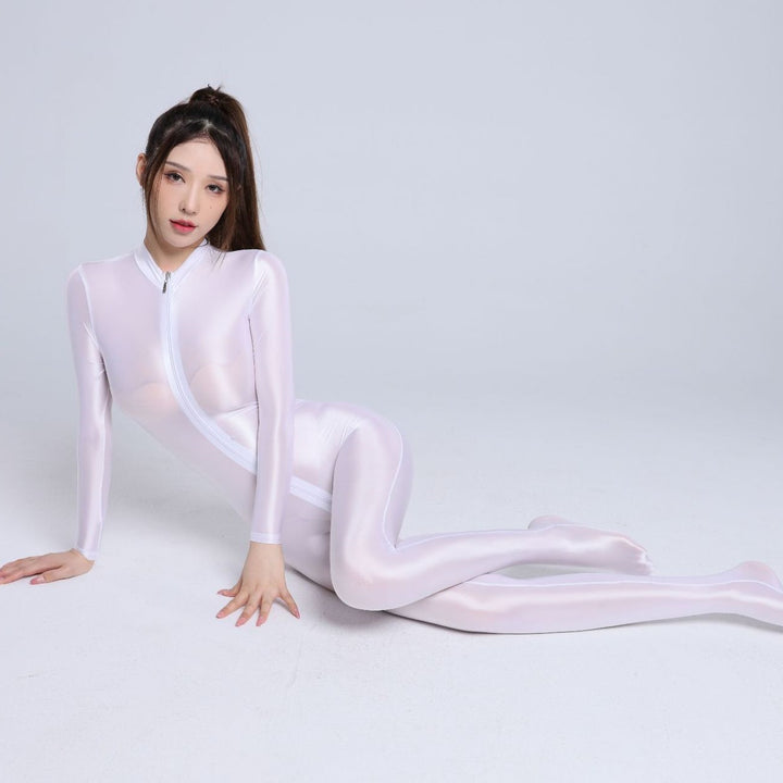 Double Zipper Open-Crotch Bodysuit High-Stretch Glossy Silky-Smooth Sexy Tight-Fitting Outfit