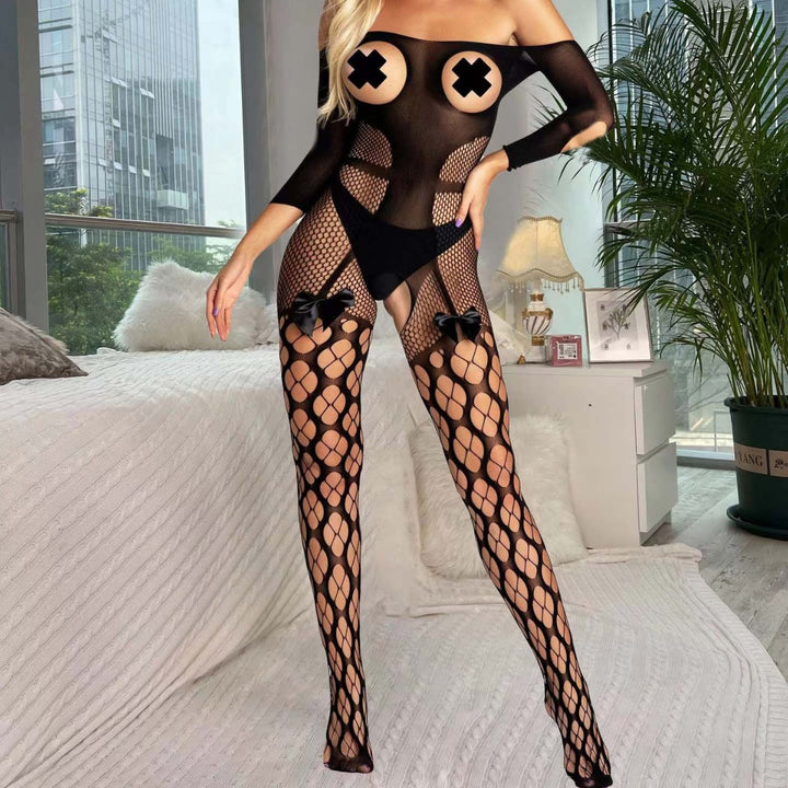 Sexy Bow Open-Bust Open-Crotch Erotic Lingerie Hot Passion Temptation Sheer Mesh Bodysuit