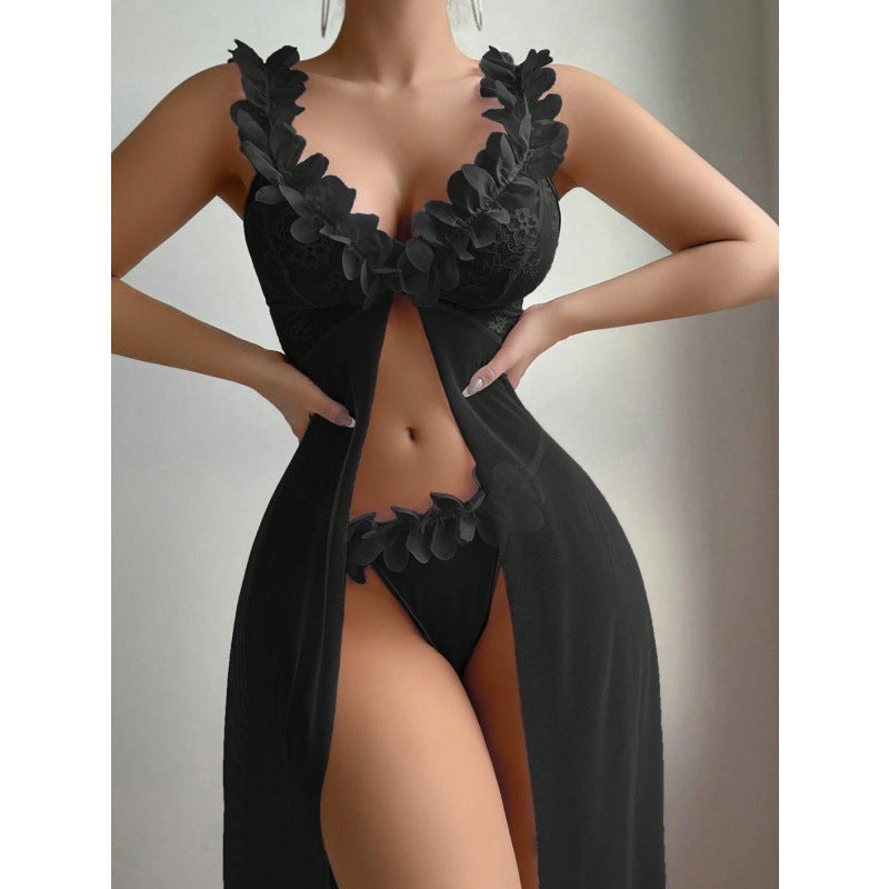 Sexy Nightdress High-slit Sheer Floral Lace Spaghetti-strap Long Dress