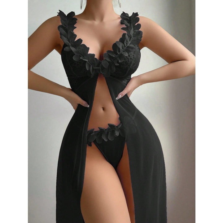 Sexy Nightdress High-slit Sheer Floral Lace Spaghetti-strap Long Dress