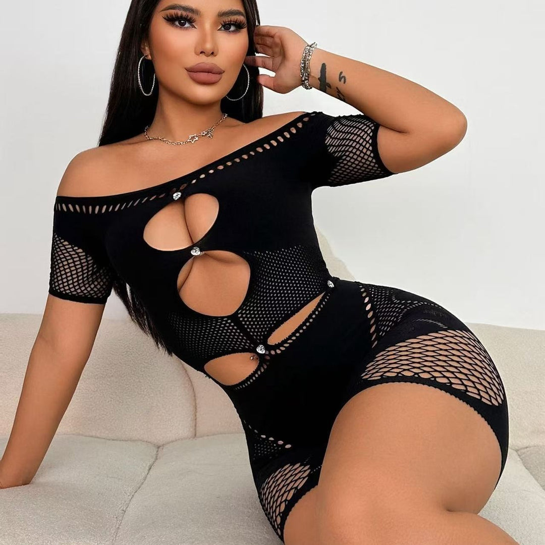 Lace Cut-Out Sheer Rhinestone Bodycon Off-Shoulder Bandeau Bodysuit