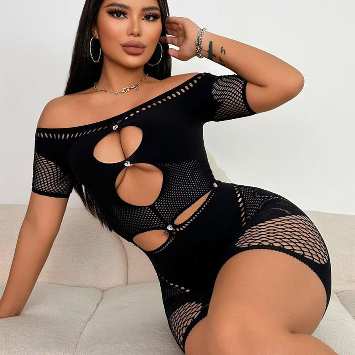 Lace Cut-Out Sheer Rhinestone Bodycon Off-Shoulder Bandeau Bodysuit