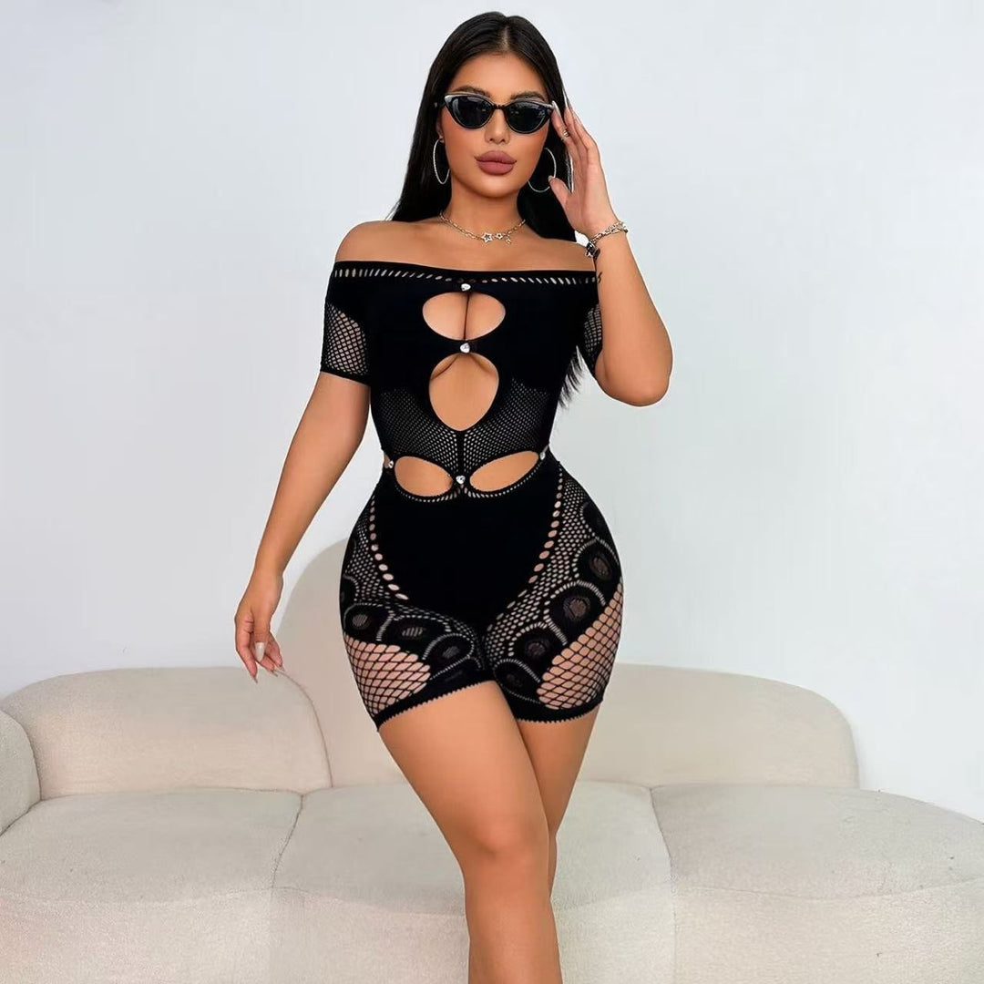 Lace Cut-Out Sheer Rhinestone Bodycon Off-Shoulder Bandeau Bodysuit
