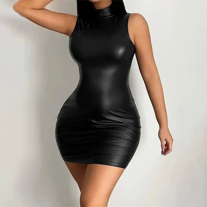 Leather High-Neck Slim-Fit Stretch Solid Color Bodycon Dress