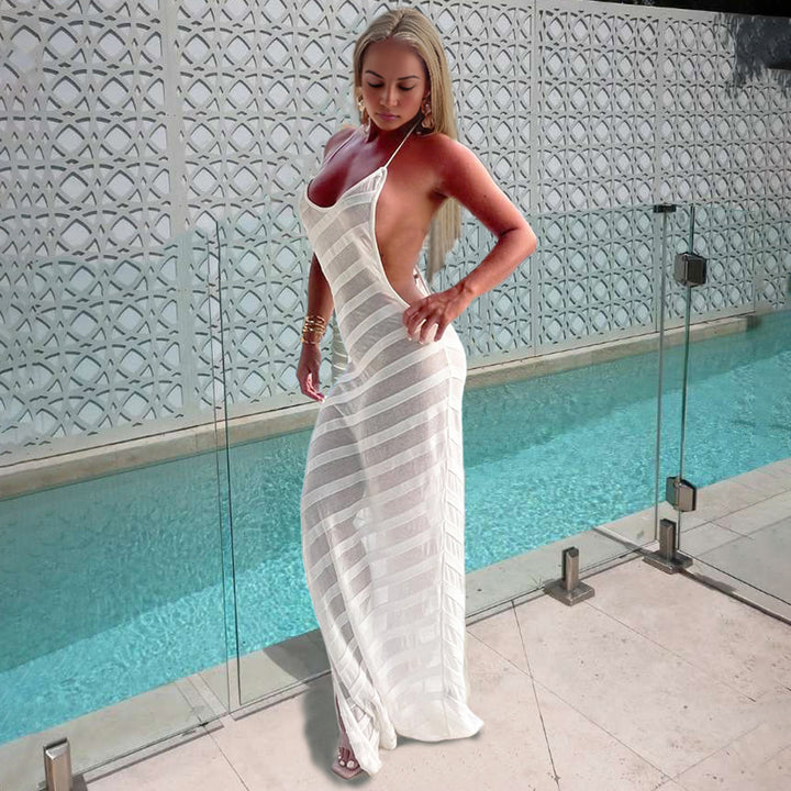 Sexy Hot Side-Slit Open Back Bodycon Sheer Dress