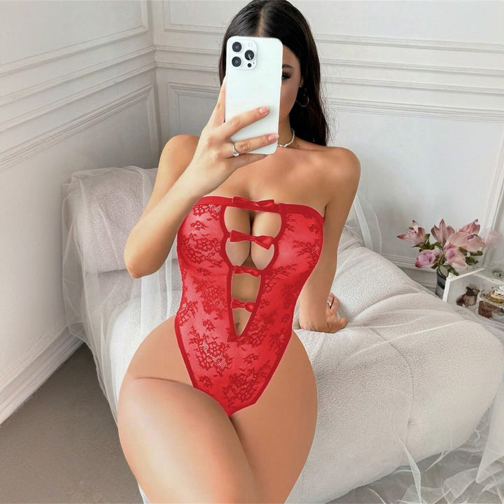 Sexy Lace Cut-Out Bow Bodysuit
