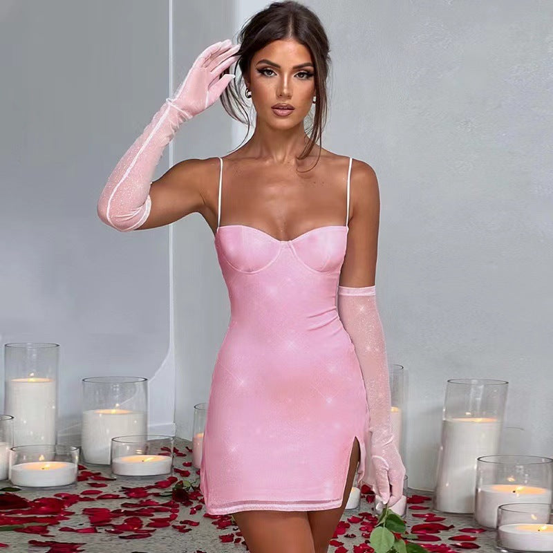 Sexy Spaghetti Strap Slim-Fit Slit Elegant Shimmering Dress With Gloves