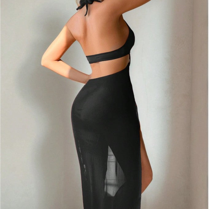 Erotic Lingerie Sexy Mesh Sheer Backless Hollow-Out Slit Nightdress Erotic Set