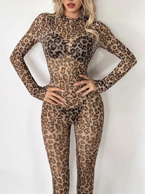 Sexy Hot Girl Leopard Print Sheer Bodycon Hip-Hugging Long Sleeve Bodysuit