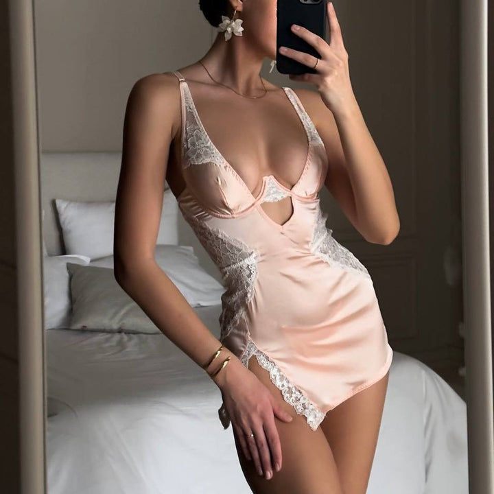 Sexy Lingerie Slim-Fit Cut-Out Lace Spaghetti Strap Babydoll Nightdress Two-Piece Set