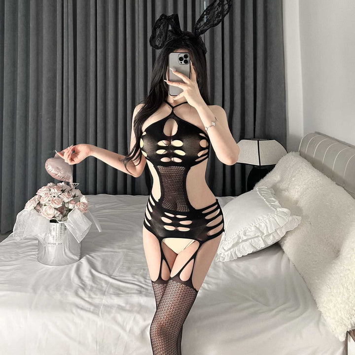 Seductive Open-Crotch Open-Bust Tear-Away Bodystocking Mesh Lingerie