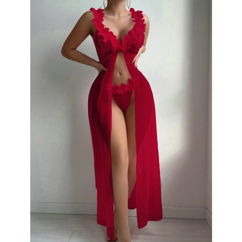 Sexy Nightdress High-slit Sheer Floral Lace Spaghetti-strap Long Dress