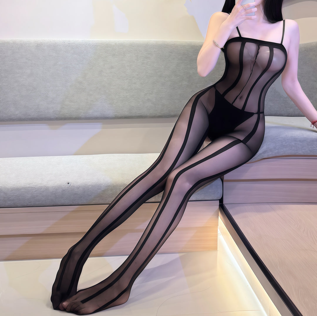 Erotic Stockings Sexy Striped Sheer Tearable Fishnet Bodysuit
