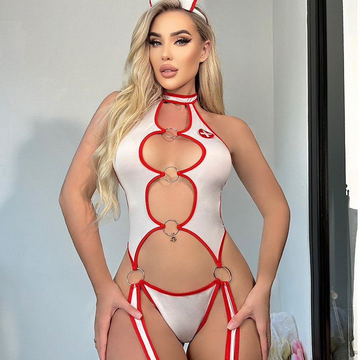 Erotic Lingerie Sexy Nurse Cosplay Cut-Out Backless Halter Strappy Bodysuit