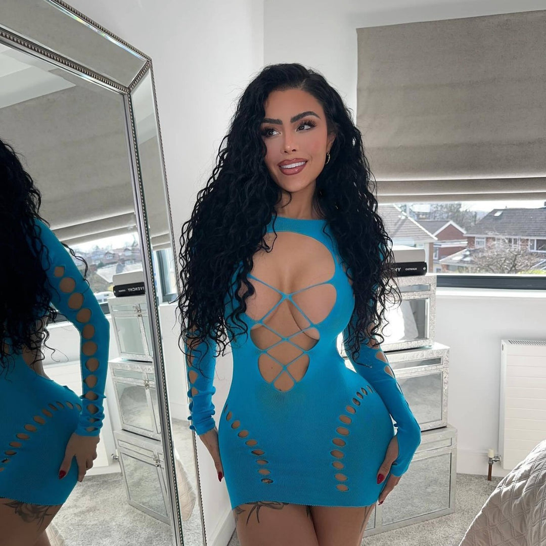 Sexy cut-out bodycon fishnet mini dress with daring bust detail