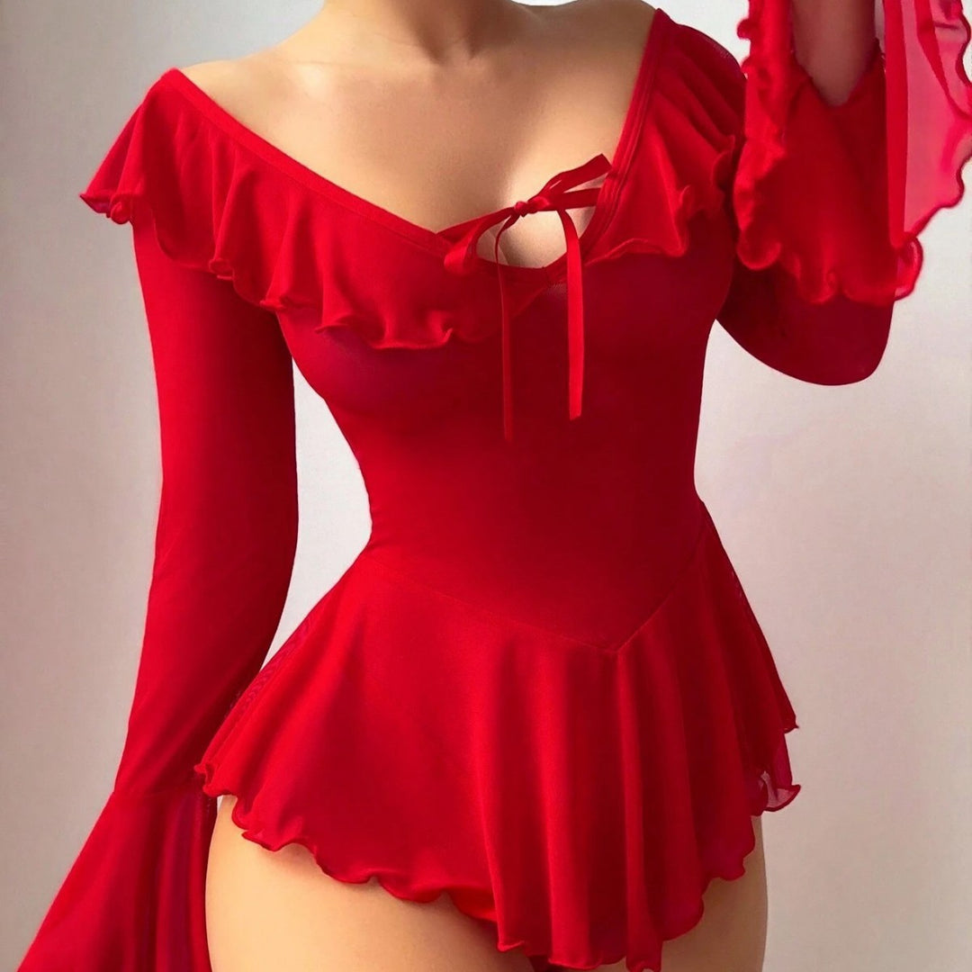 Sexy Sheer Mesh Off-Shoulder Bell Sleeve Lingerie Dress