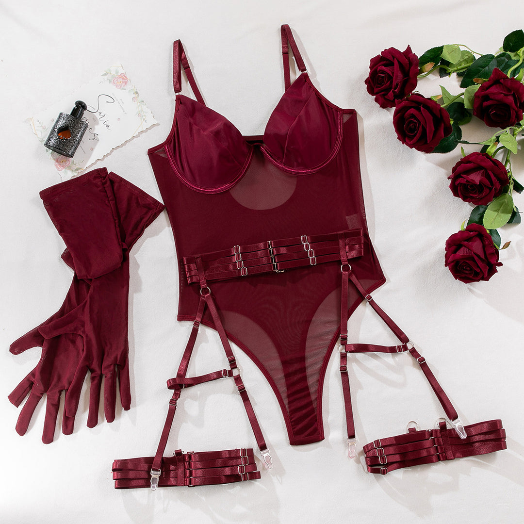 Luxury High-End Sexy Lingerie Strappy Patchwork Slim-Fit Bodysuit With Gloves Three-Piece Set