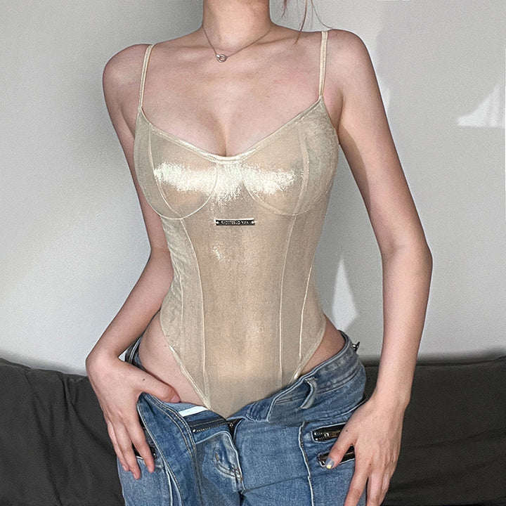 New Solid Color Slim Fit Shiny Spaghetti Strap Sexy Backless Bodysuit