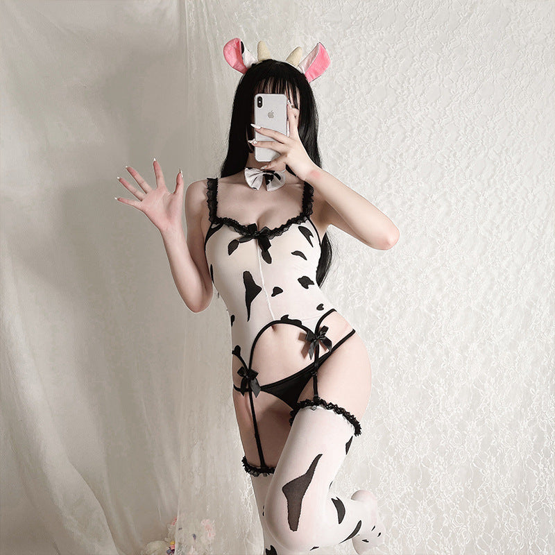 Erotic Lingerie Cow Pattern Bodystocking Set Temptation Stockings Sexy Silk Bodysuit Tearable Design