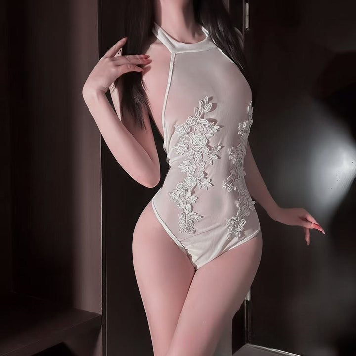 Sexy Sheer Hot Girl Bodysuit Neck Fitted Open-Crotch Seductive No-Removal Lingerie
