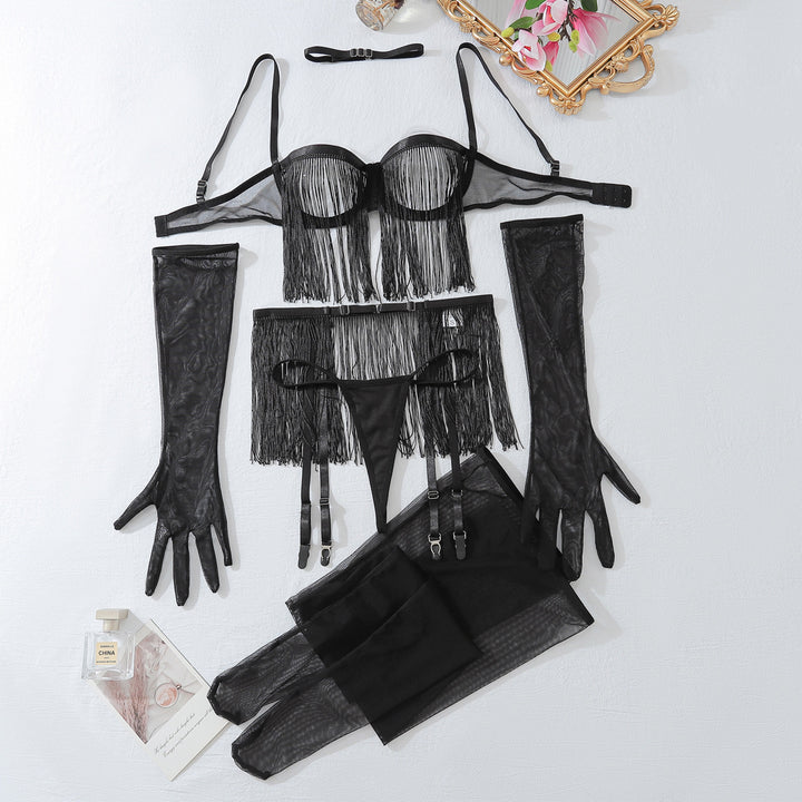 Sexy Exposed-Bust Sheer Mesh Tassel Hollow-Out Lingerie Open-Wear Six-Piece Set