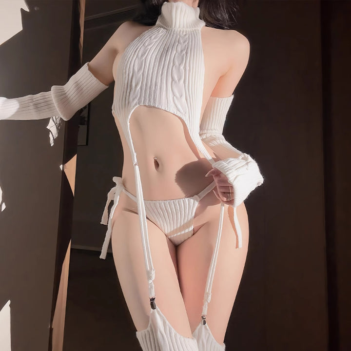 Sexy Backless High-Neck Knit Lingerie Set
