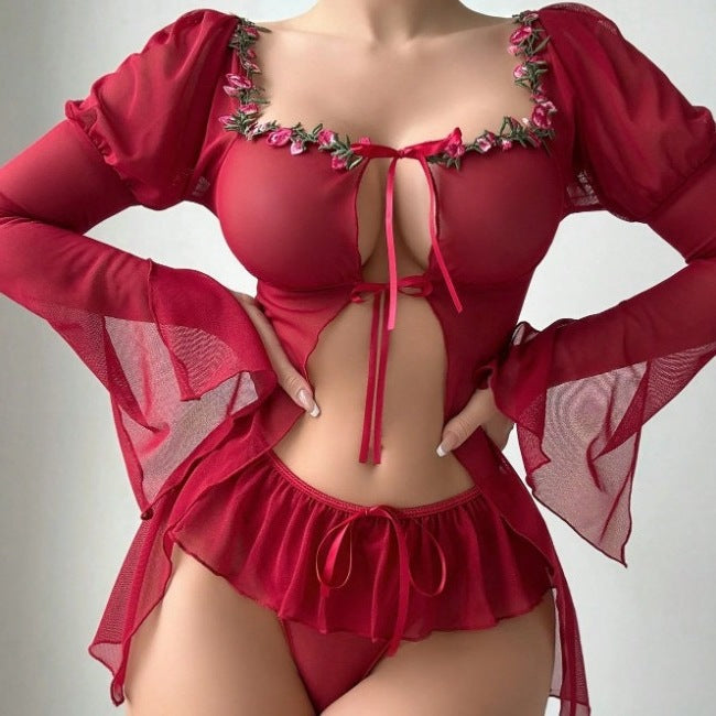 Sheer Lace Hollow-Out Mesh Skirt Lingerie Set