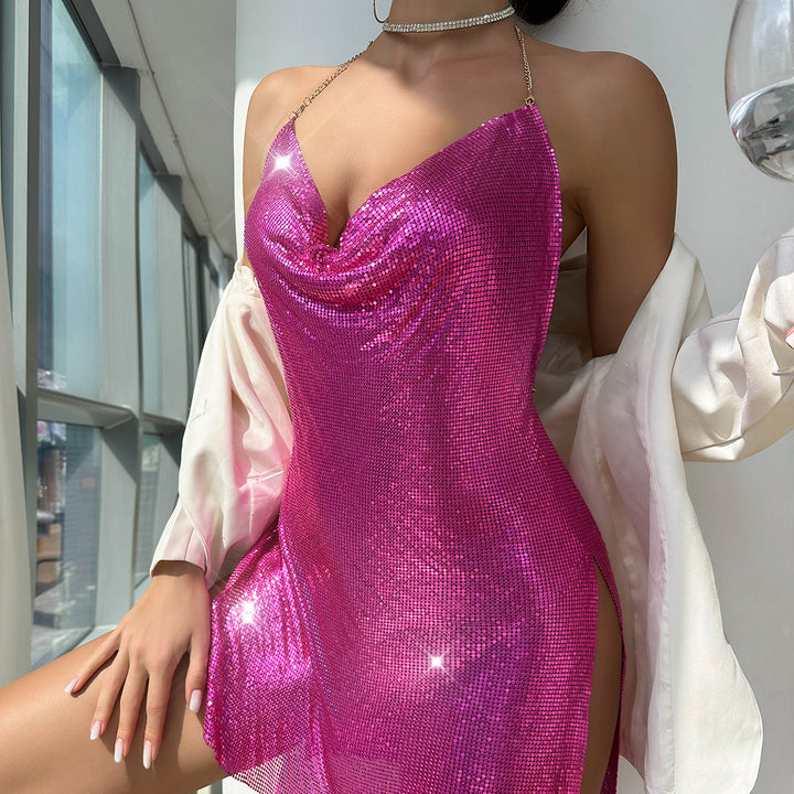 Sexy Hot Girl Style Metallic Sequin Backless Slip Dress