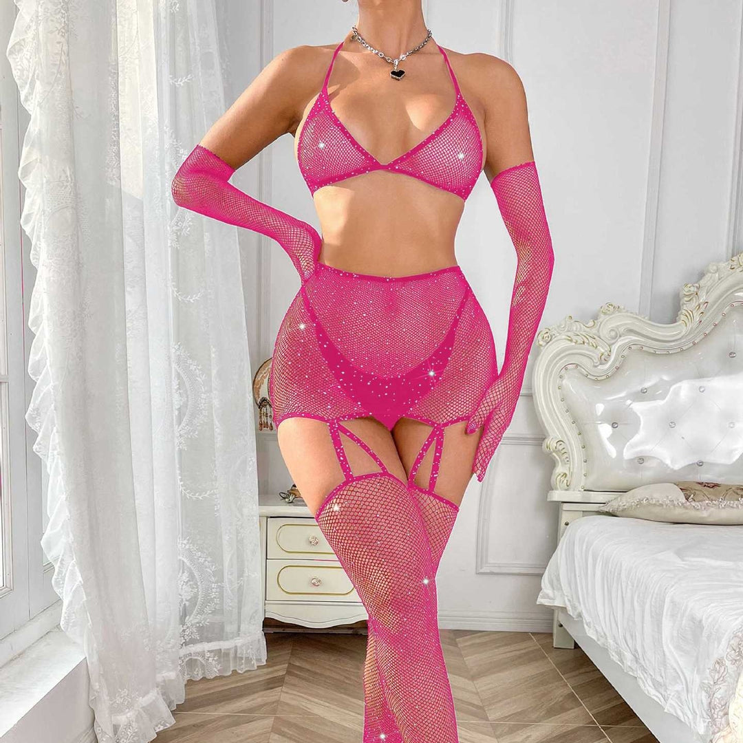 Sexy Rhinestone Gloves Bra Pantyhose Erotic Lingerie Set