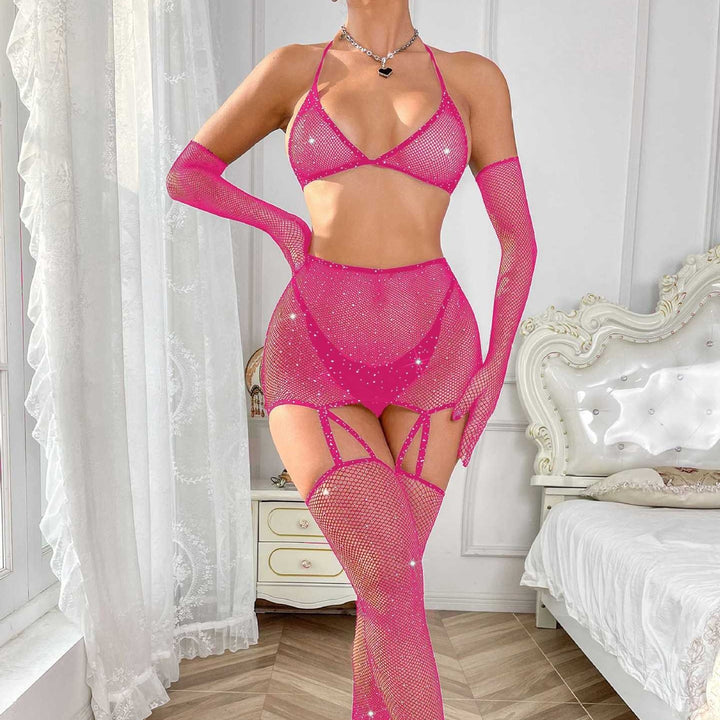 Sexy Rhinestone Gloves Bra Pantyhose Erotic Lingerie Set