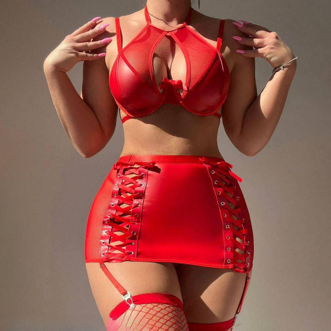 Women's Sexy Sheer Mesh Leather Lingerie Set