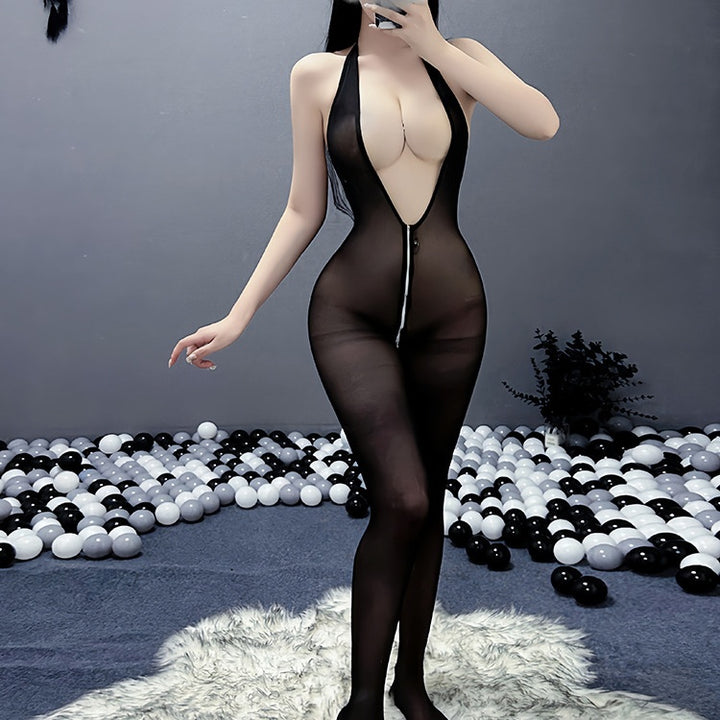 Erotic Llingerie Hot deep-V zipper Bodystocking with Tear-open Design